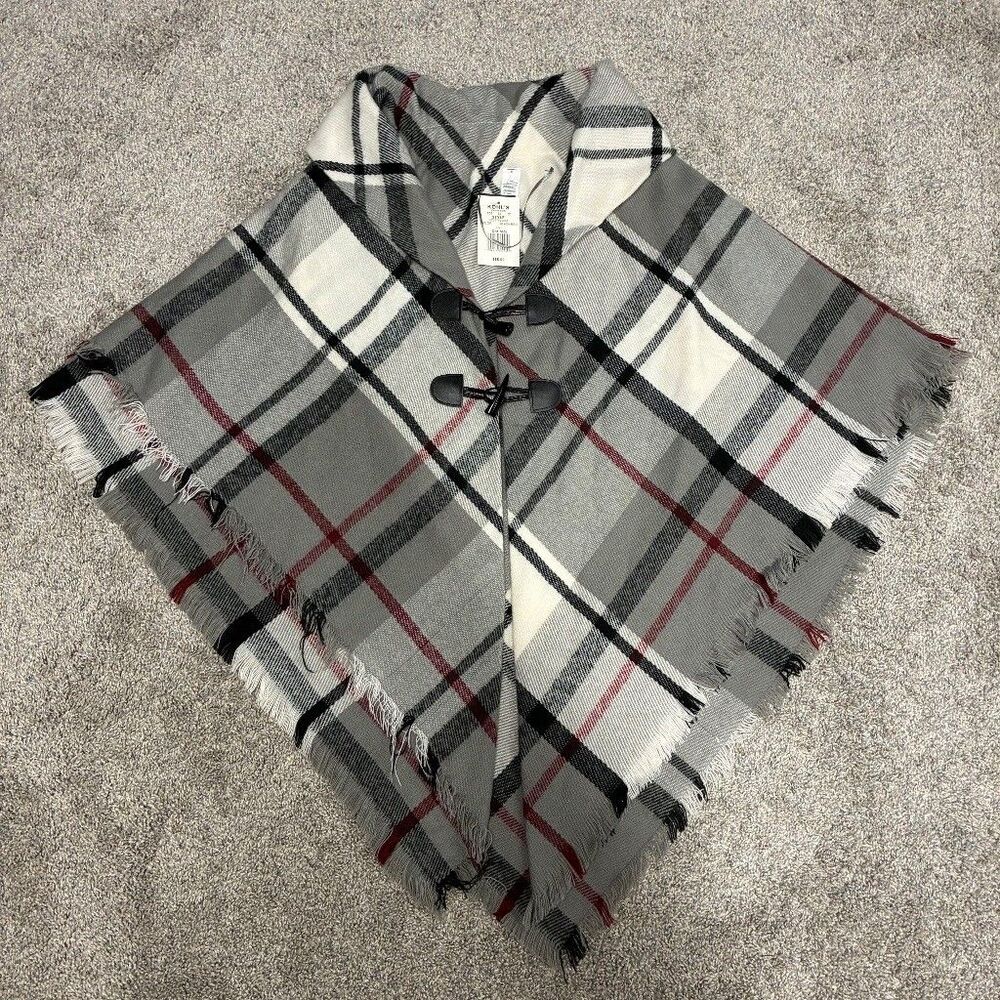 Style Collective Kohl's Plaid Poncho Cape One Size Gray Black Red Fringe NWT